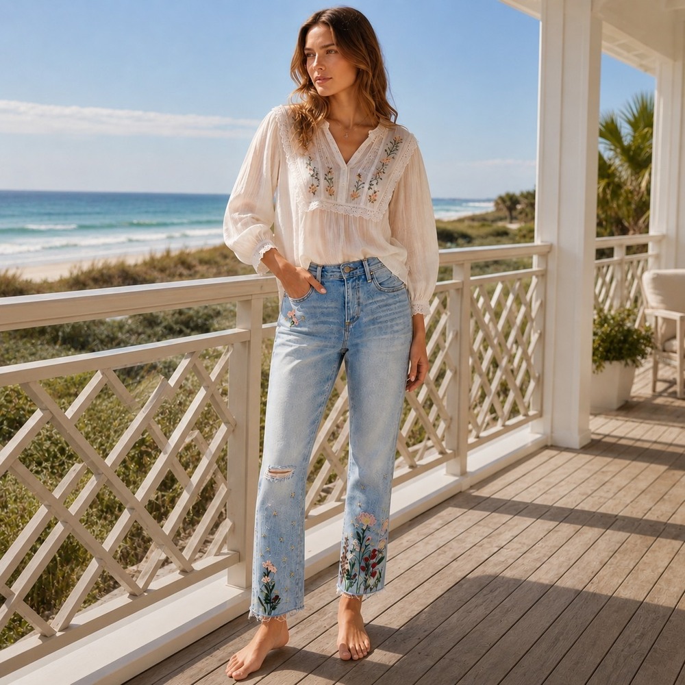 Driftwood Jackie Embroidered Floral Jeans 25 Strawberry Boho Cottage Coquette